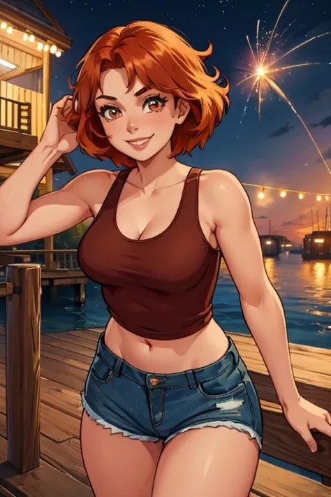 a copper haired woman with copper eyes in a cute tank top and shorts is playing with a sparkler  on the dock with a big smile.