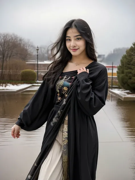 A young, attractive 18-year-old Instagram model is dancing gracefully in a picturesque winter setting. She has long, flowing black hair with vibrant, colorful streaks that catch the light and add a playful touch to her look. Shes wearing a beautifully embr...