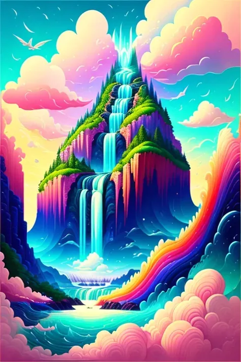 artwork、Highest quality、Better Quality、Flying Island々、Waterfall cascading down from the island、Fantasy World、Magnificent panorama、Colorful Clouds、Flashy colors