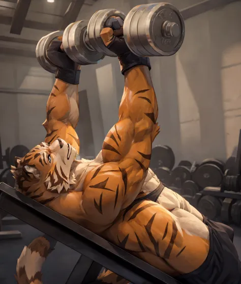 a white tiger mercenary in a gym, shirtless and topless, black gym shorts, fingerless gloves, gym shoes, dumbbell bench presses,...