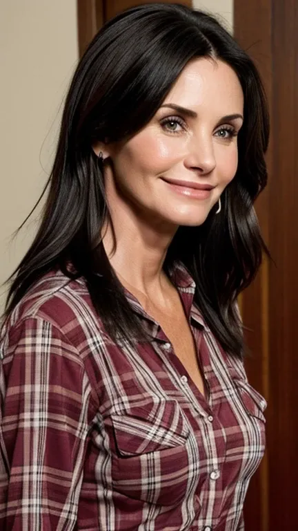 Courteney Cox dressed in sensual checked clothes and smiling