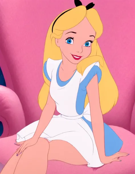 1girl, solo, long hair, blue eyes, blonde hair, alice, disney, white bra, full view, white panties, sitting down, bare legs, smi...