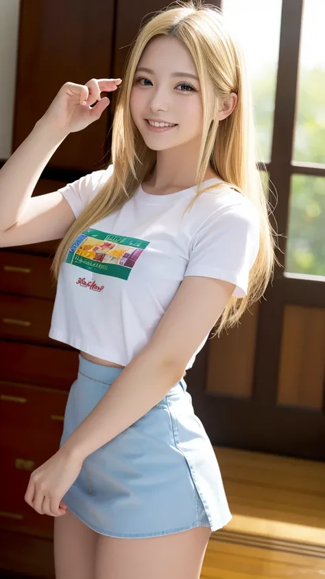 Highest quality、Precise beauty、Beautiful long hair woman、The most beautiful woman in the world、Beautiful and sharp face、21 years old、Blonde、Blonde Hair、Smooth short hair、Very detailedな顔、Cute Smile、Beautiful and exquisite、Ample breasts、T-Shirts、High resolut...