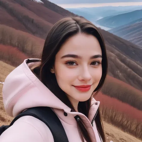 a photo of Dasha Taran, ohwx woman, wearing a palka jacket, on a mountain at cherry bloosom, dramatic cherry blosom leaves blow,  smile, best quality, detailed skin, cinematic 