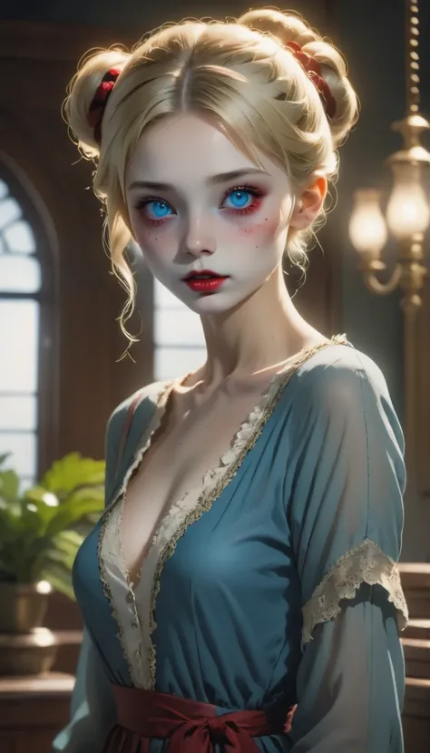 A girl drawn in great detail、Unparalleled beauty、Cute face、Little red cheeks and nose、Ultra-detailed eye、Very detailed顔と瞳、Small Nose、(((zombie、slightly blue skin、Black eyeshadow、Red eyes、Black Lips、Expressionless)))、Tattered clothes、Expressions of eroticis...