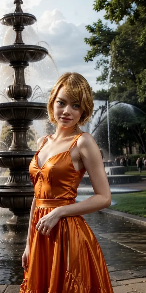 emma stone, neckline, blonde hair, orange dress, elegant dress, in the park, fountain behind