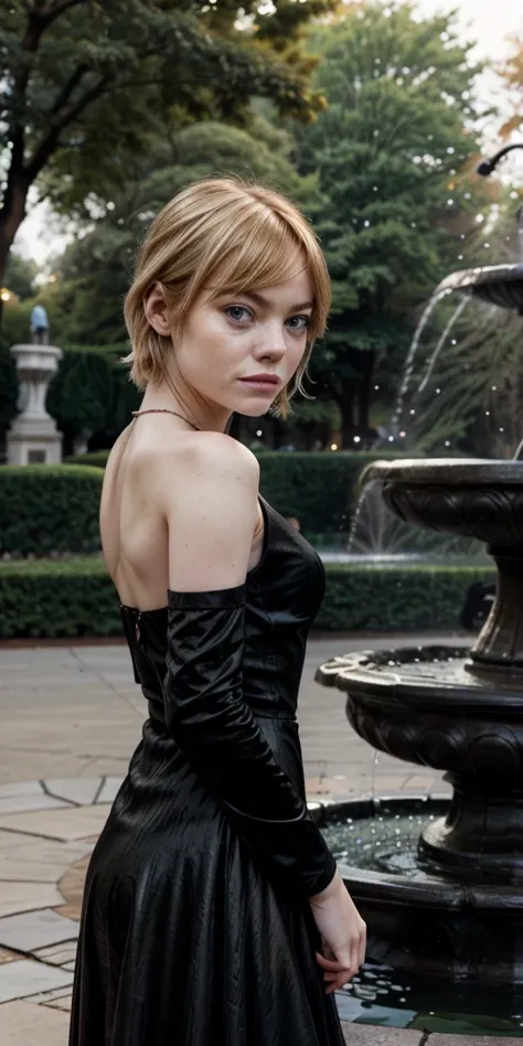 emma stone, neckline, blonde hair, black dress, in the park, fountain behind, focus on neckline, expressive eyes, focus on eyes