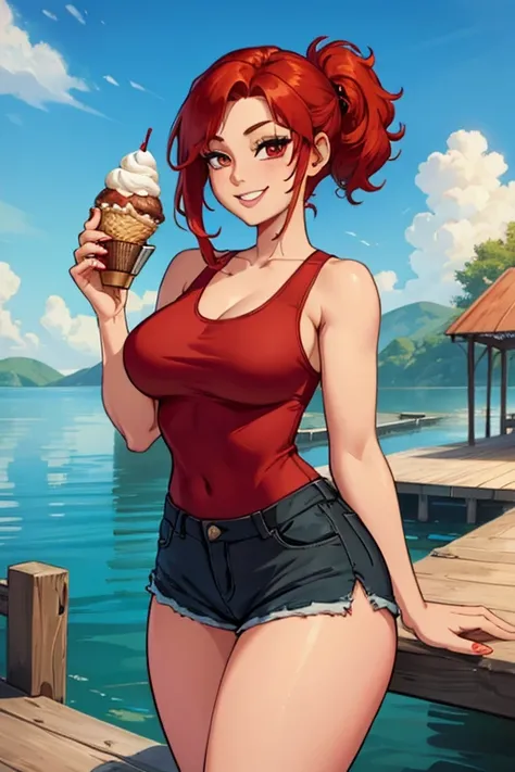 a red haired woman with red eyes and an hourglass figure in a cute tank top and shorts is eating ice cream on the dock with a bi...