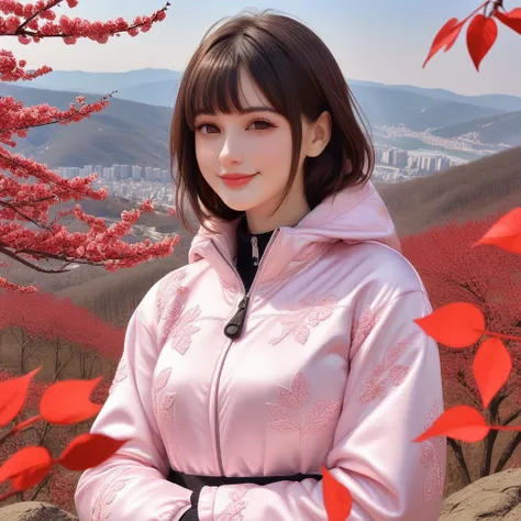 a photo of Dasha Taran, ohwx woman, wearing a palka jacket, on a mountain at cherry bloosom, dramatic cherry blosom leaves blow,  smile, best quality, detailed skin, cinematic 