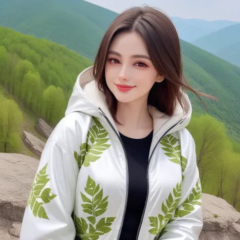 a photo of dasha taran, ohwx woman, wearing a palka jacket, on a mountain at cherry bloosom, dramatic cherry blosom leaves blow,...