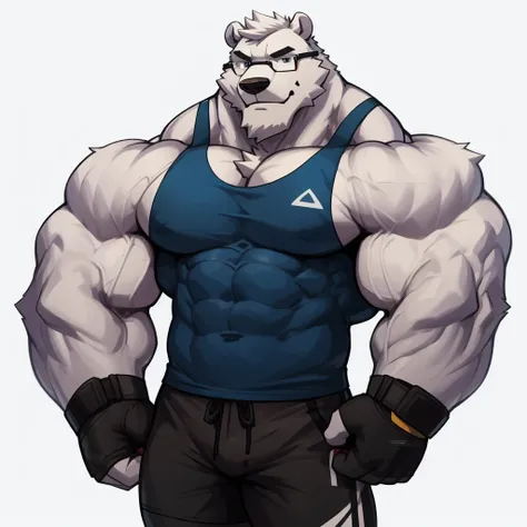 solo, 1boy, Huge Muscular White Polar Bear wearing glasses, huge white fur, pectoral, huge pectoral, wide pectoral, short white hair, blue colored short pants, blue colored wristbands and blue colored tank top, white bearded, white Mustache, white fur, sim...