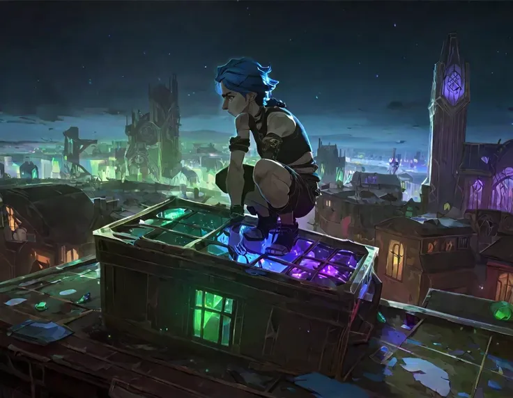 score_9, score_8_up, score_7_up, score_6_up, best aesthetic, Arcane, a person squatting on a crate on top of a roof, long shot, concept art, city in background, great use of color theory, blue and green colors, particles flying, dark, nighttime, 