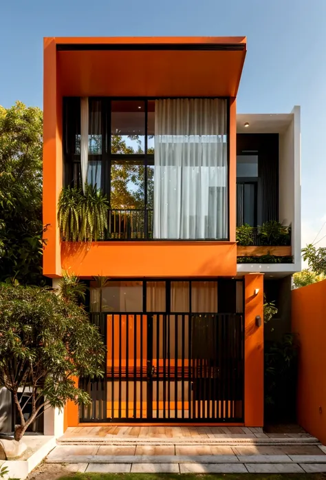 orange mansion, modern flair, a lot of trees, paisaje, matching orange walls, glass and wood, twinkling, created with straight l...