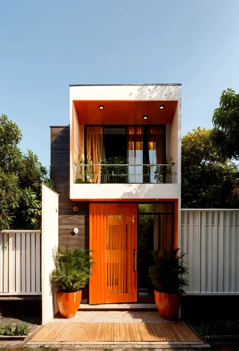 orange mansion, modern flair, a lot of trees, paisaje, matching orange walls, glass and wood, twinkling, created with straight l...