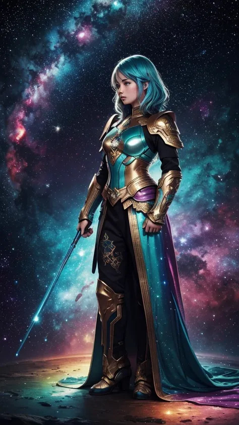 women with rainbow colored hair and teal detailed armor, standing, rainbow colorful cosmic nebula background, estrelas, galaxies...