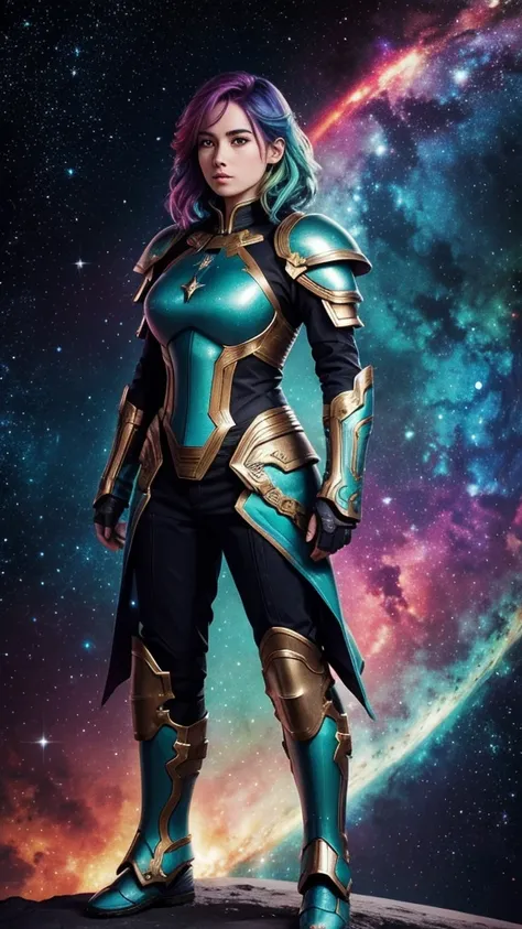 women with rainbow colored hair and teal detailed armor, standing, rainbow colorful cosmic nebula background, estrelas, galaxies...