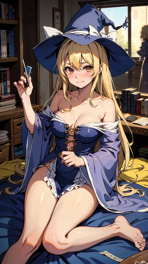 Marisa Kirisame、Messy room、Cute Woman、Blonde、Wizard、Marisa&#39;s Hat、Very thick thighs、smile、Sloppy body、Best image quality、High resolution、masterpiece、super high quality、Thick pubic hair、Orgasm Facial、Stripes々Panties、Stripes々bra、Very big ass、Very large br...