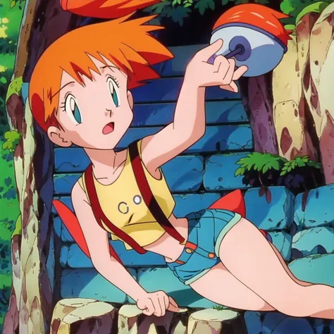 misty (pokemon), 1girl, solo, yellow shirt, sleeveless shirt, suspenders, denim shorts, outdoors