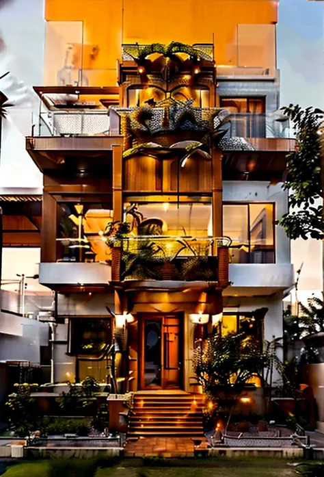 orange mansion, modern flair, a lot of trees, paisaje, matching orange walls, glass and wood, twinkling, created with straight l...