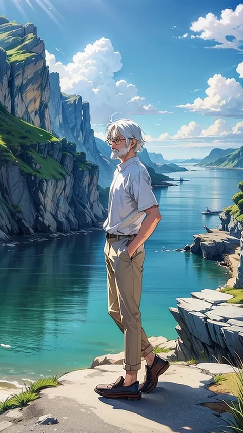 create a high-quality anime-style image featuring an elderly man standing on a rocky cliff by the sea. the man has white hair, a...