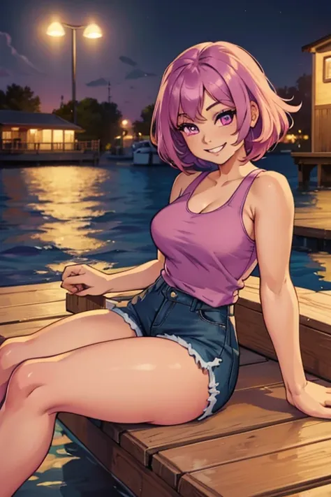 a pink woman with violet eyes and an hourglass figure in a cute tank top and shorts is sitting with a big smile on  the dock wit...