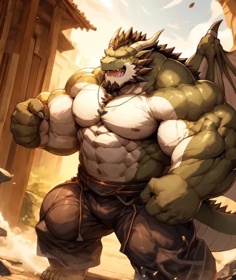 a dragon orc，strong body，muscular，like a born strong man。his skin looks healthy and fair..，muscle and fat intertwined，create uni...