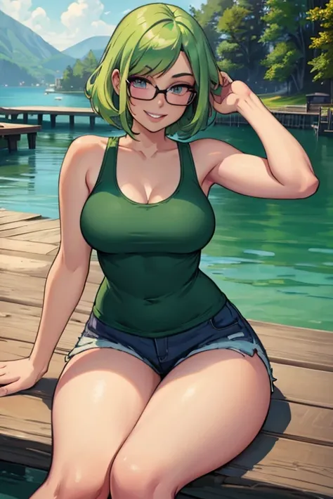 a light green haired woman with violet eyes and an hourglass figure and a pair of glasses in a cute tank top and shorts is sitti...