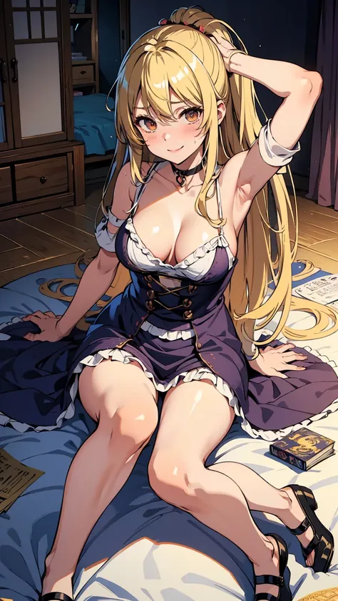 Marisa Kirisame、Messy room、Cute Woman、Blonde、Wizard、Marisa&#39;s Hat、Very thick thighs、Grinning、smile、Sloppy body、Best image quality、High resolution、masterpiece、super high quality、Thick pubic hair、Orgasm Facial、Stripes々Panties、Stripes々bra、Very big ass、Very...