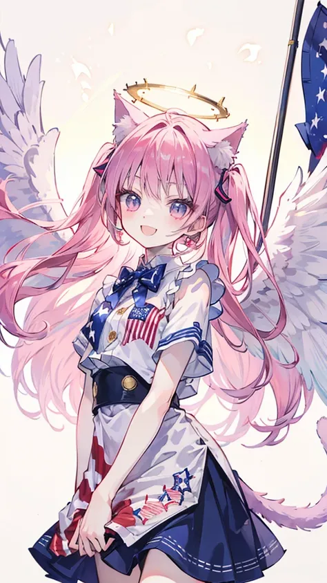 anime-style,hyper,detailed American flag patterned angelic clothing,Fourth of July,mega cute,
shota,cat ears tail,pink long hair,Spiral halo,angel-wing,laugh,