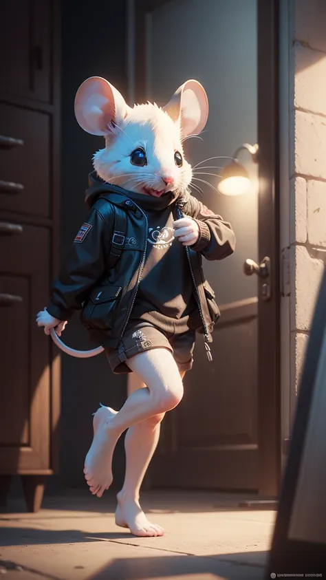 The mouse is so cute when it screams and shoots, Practical, 4K, Very detailed, Vray rendering, Unreal Engine, Art style on the go,dance