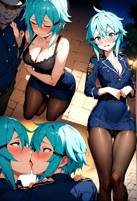 NSFW,masterpiece,Highest quality,High resolution,Super detailed,Sinon(Sword Art Online),Police Officer,policewoman,mini skirt,pantyhose,Embarrassed,Estrus,Lust,blush,(Scary face man),A man puts his hands on her waist and hugs her,(Having sex),Insert,Creamp...