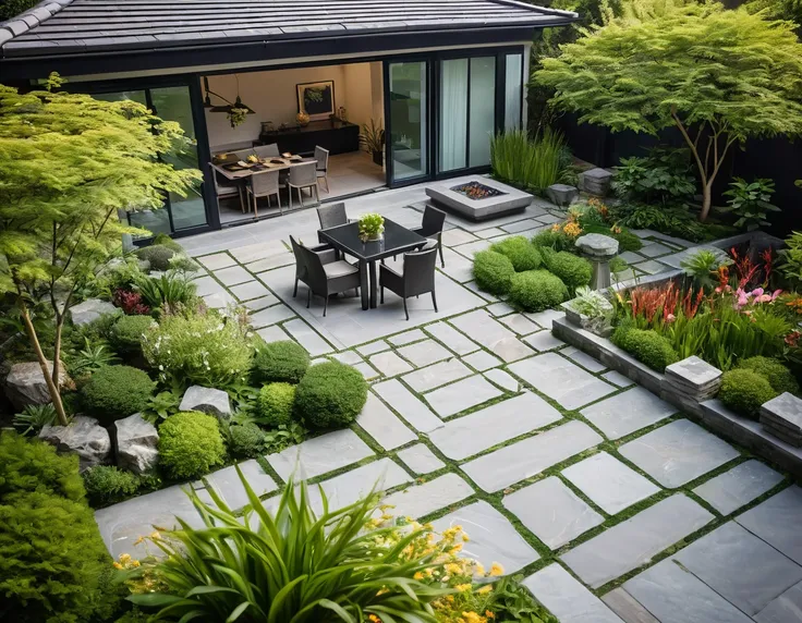 An aerial view of a beautifully designed modern European garden with a hint of Asian influence, featuring a sleek gazebo with a contemporary roof design, surrounded by lush greenery and vibrant flowers. Shot with a high-quality DSLR camera, the smooth ston...