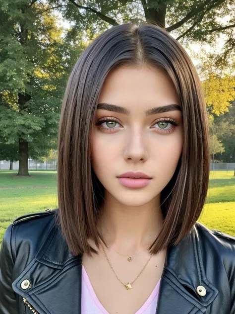 Beautiful 18-year-old girl, named Sofia, beautiful golden eyes, large detailed eyes, MID-HEIGHT bob long haircut, pink lips, sexy, detailed face, black jacket, in the background a park and a Russian roulette with balloons.