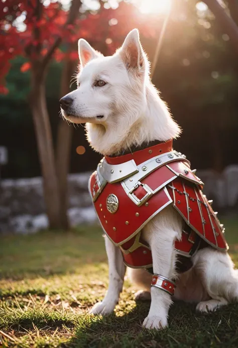 cinematic photography,White Dog,Red-themed Japanese-style armor,crap,Shine,Twilight Rays,cinematic,Rim Light,Spotlight,Very detailed background,bokeh,hasselblad,70mm,debt/2,35mm,born photo,,cinematic realism,8K natural light,born,rich,complex,Key Visual,At...