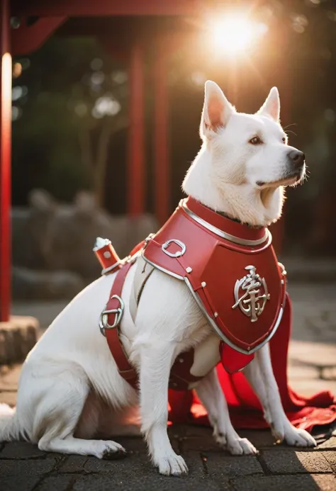 cinematic photography,White Dog,Red-themed Japanese-style armor,crap,Shine,Twilight Rays,cinematic,Rim Light,Spotlight,Very detailed background,bokeh,hasselblad,70mm,debt/2,35mm,born photo,,cinematic realism,8K natural light,born,rich,complex,Key Visual,At...