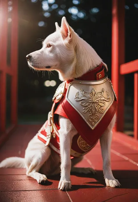 cinematic photography,White Dog,Red-themed Japanese-style armor,crap,Shine,Twilight Rays,cinematic,Rim Light,Spotlight,Very detailed background,bokeh,hasselblad,70mm,debt/2,35mm,born photo,,cinematic realism,8K natural light,born,rich,complex,Key Visual,At...