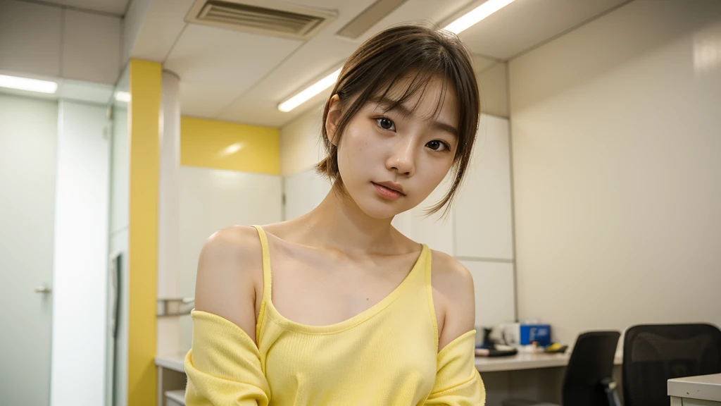 Candid portrait of Korean woman, beautiful, tiny, very white skin, 15 years old, yellow clothes, short shoulder length hair, rosy lips in 2330, Cyberpunk, fluorescent lamps, 35mm F/2.8