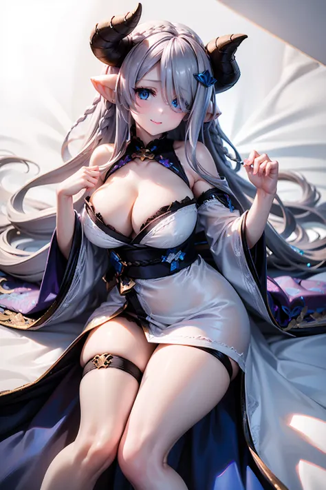 (((1 woman))), ((detailed blue eyes)), ((long silver hair)), large breasts, perfectly drawn body, narmaya, seductive smile, white nightgown, best quality, masterpiece, ultra-detailed