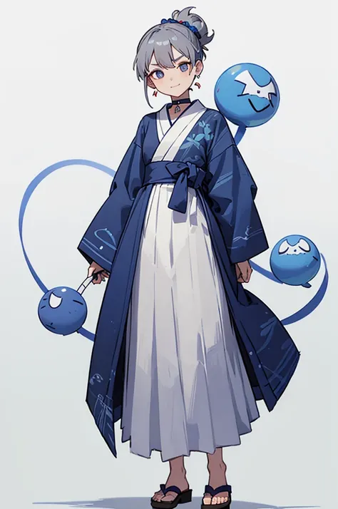 Blue Yukata、Gray Hair、Mischievous face、Choker on neck、Big earrings、Arms crossed、Only the mouth is smiling、Straw sandals、Choker on right leg(whole body、Are standing、、White background)
