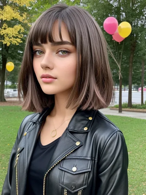 Beautiful 16-year-old girl, named Sofia, beautiful golden eyes, large detailed eyes, MID-HEIGHT bob long haircut, pink lips, sexy, detailed face, black jacket, in the background a park and a Russian roulette with balloons.