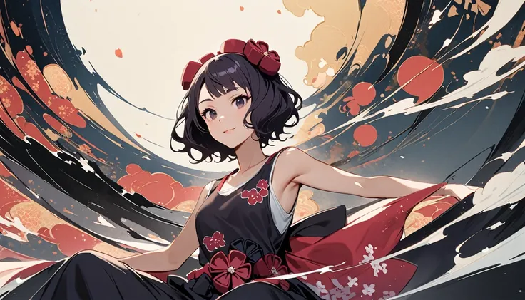 (((Katsushika Hokusai))), (((Ink Painting))), (((medium hair))), (((Cherry blossom))), (((Japanese pattern tank top))), Japanese style headphones, beautiful girl, Black Hair, Brown Eyes, smile, Delicate and precise, Modern ukiyo-e style,
