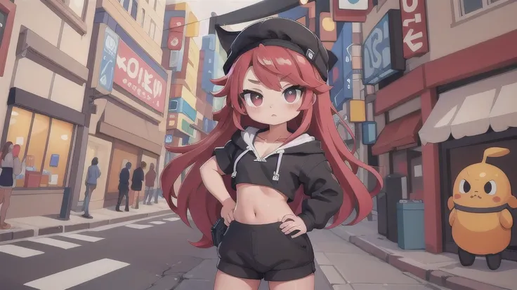 masterpiece,1girl,solo,long hair,bikini, Red hair,hoodie,off shoulder:1.2, mob cap, street,hand on hip, hand in pocket,