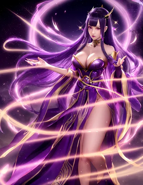 Raikou, parted bangs, purple eyes, purple hair, long hair, hime cut, forehead, inapriestess, strapless dress, single thighhigh, single detached sleeve, black gloves, low wings, halo, extreme muscular body, big breasts, 4 arms, full body.