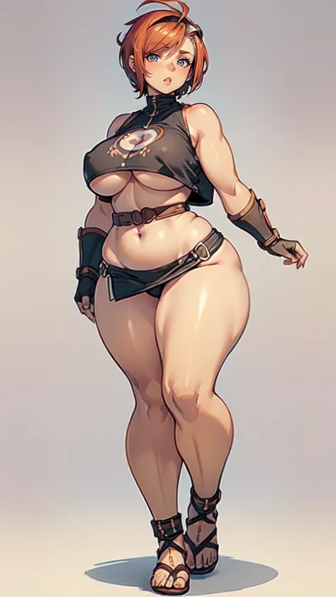 (masterpiece), best quality, female warrior, huge girl, female muscular:1.2, ((very short hair:1.6)), ginger hair, big breast, (curvy:1.8), (((blank background))), ((full body)), fingerless gloves, sandals, sleeveless, covered nipples, (underboobs:1.3), ts...