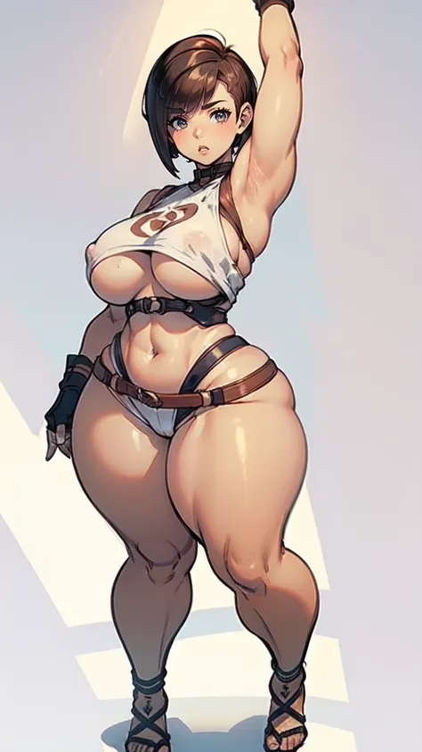 (masterpiece), best quality, female warrior, huge girl, female muscular:1.2, ((very short hair:1.6)), ginger hair, big breast, (curvy:1.8), (((blank background))), ((full body)), fingerless gloves, sandals, sleeveless, covered nipples, (underboobs:1.3), ts...