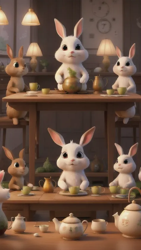 Several rabbits sitting around the table，Drinking steaming tea，Looks very angry