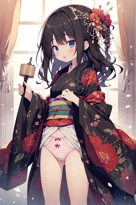 Girls under 5 years old, Up to 100cm high, kimono, Small breasts, Patterned cotton panties, Fabric Realism, Black Hair, No jacket