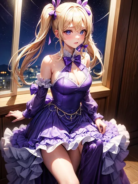 an adult woman, blonde with two pigtails with a purple bow each, purple dress with sparkles and diamonds, short and gala, with an opening in its pirrna, she has blue eyes, is at a late night dinner in a wealthy place