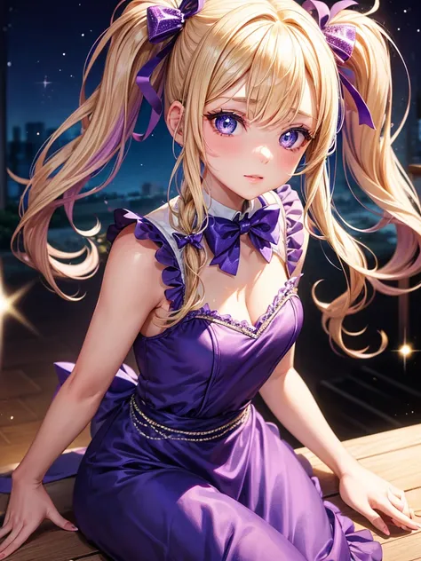 an adult woman, blonde with two pigtails with a purple bow each, purple dress with sparkles and diamonds, short and gala, with an opening in its pirrna, she has blue eyes, is at a late night dinner in a wealthy place