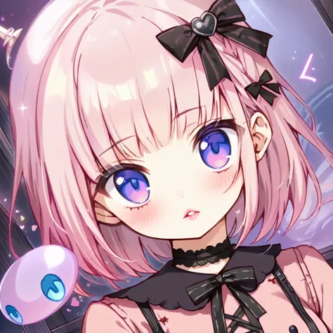 a masterpiece, beautiful eyes, a beautiful face, beautiful depiction, details, ultra detailed, 8K,kawaii, mesugaki, fangs, 
light atmosphere, (Cute a girl:1.5), (a girl with closs hair pin,
pink shirt,cosplay, jirai kei, bangs, black skirt, black bow, look...